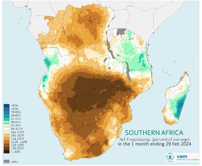 Special Alerts -ET graphics - Southern Africa 2024 Figure 3: Percent of average reference evapotranspiration as of February 29th, illustrating pronounced water demand exceeding 50 percent in some regions. Source: WFP VAM